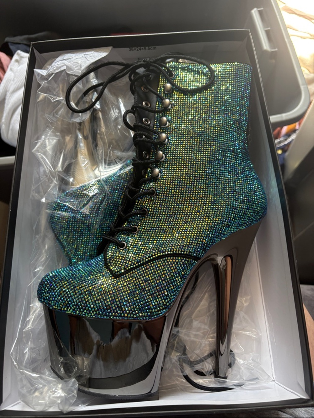Pleaser Iridescent Green Lace-Up Platform Ankle Boots